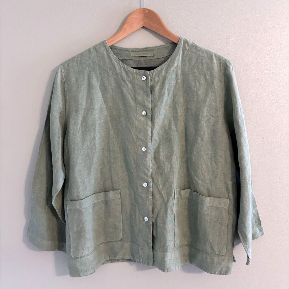 Cut Loose 100% Linen Shirt Top Womens Small Green Minimalist Coastal Lagenlook